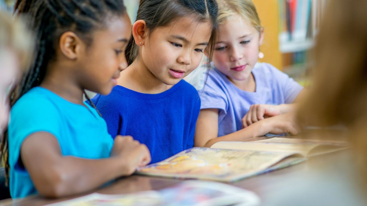 kids studying in library