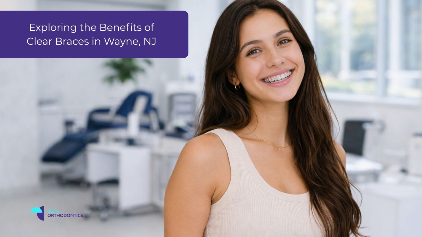 Woman smiling with clear ceramic braces in modern dental office
