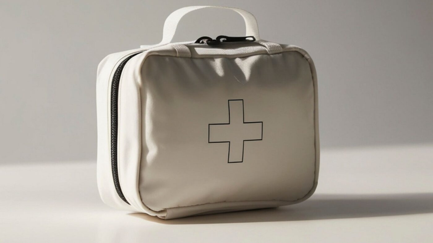 Beige dental emergency kit with a medical cross symbol, compact case for oral care emergencies on a neutral background.
