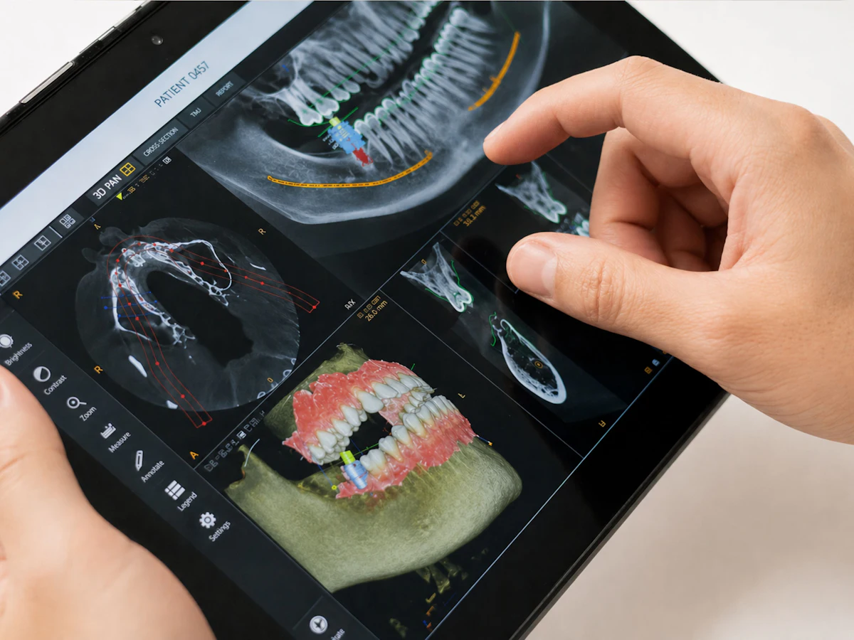 A hand scrolling through 3D dental scans on a tablet