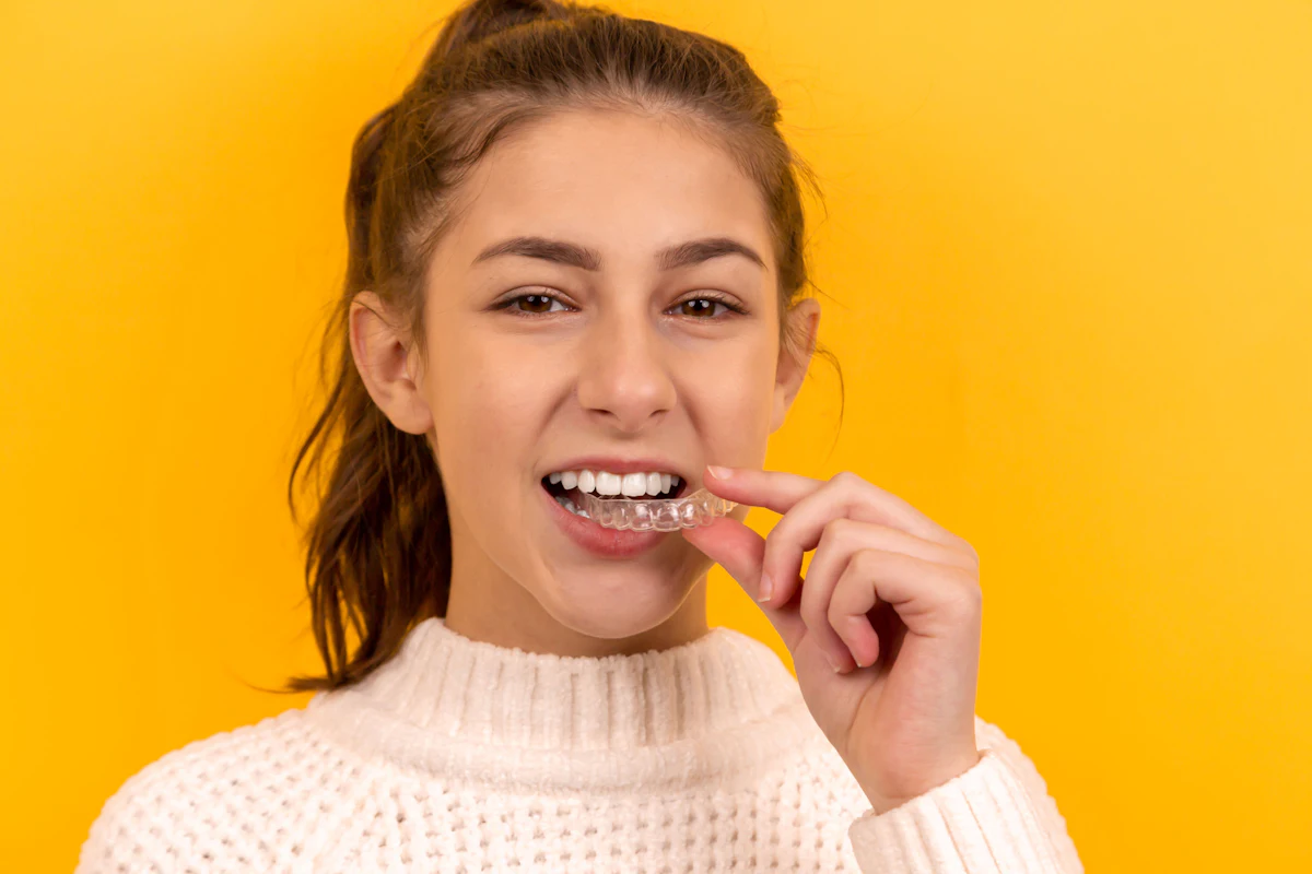 A teenager smiling as she fits a clear retainer