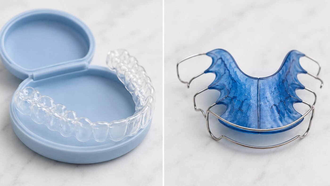 Clear aligner retainers and blue orthodontic retainer appliance for post-Invisalign treatment on white background.