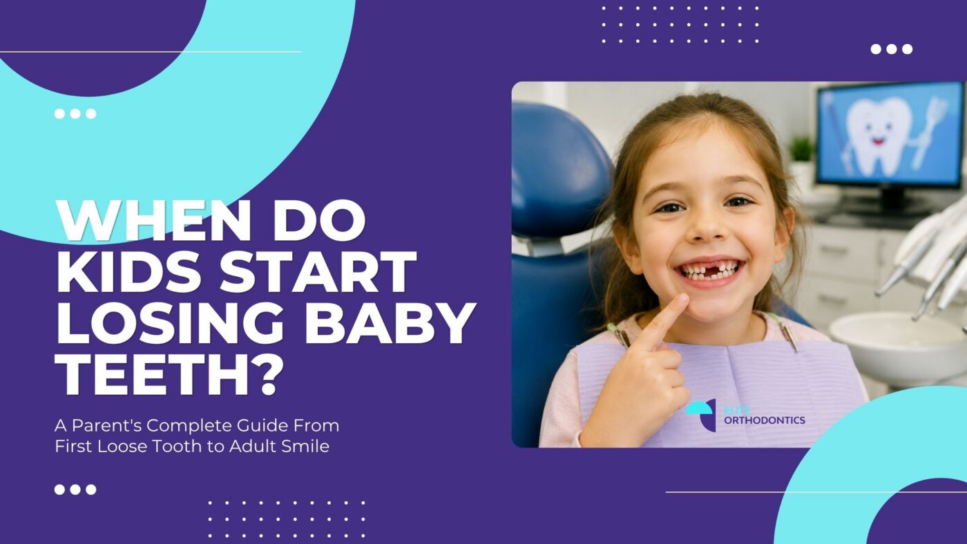 Graphic about when kids start losing baby teeth featuring a smiling child from Elite Orthodontics & Pediatric Dentistry